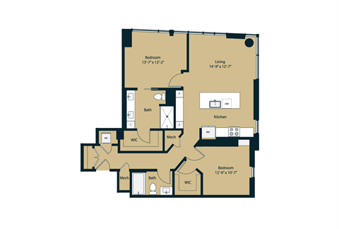 Floor plan for 2 beds, 2 baths, 1130 sqft